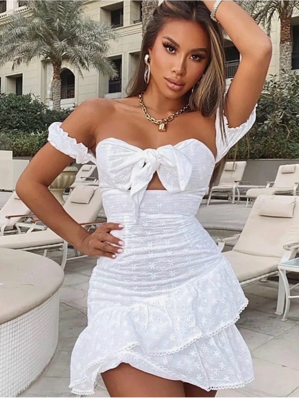 Fashion Nova White Off-Shoulder Tie-Front Eyelet Mini Dress